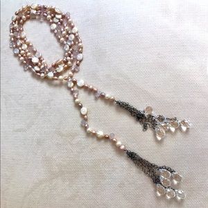 Handmade genuine Pearl & Crystal lariat necklace